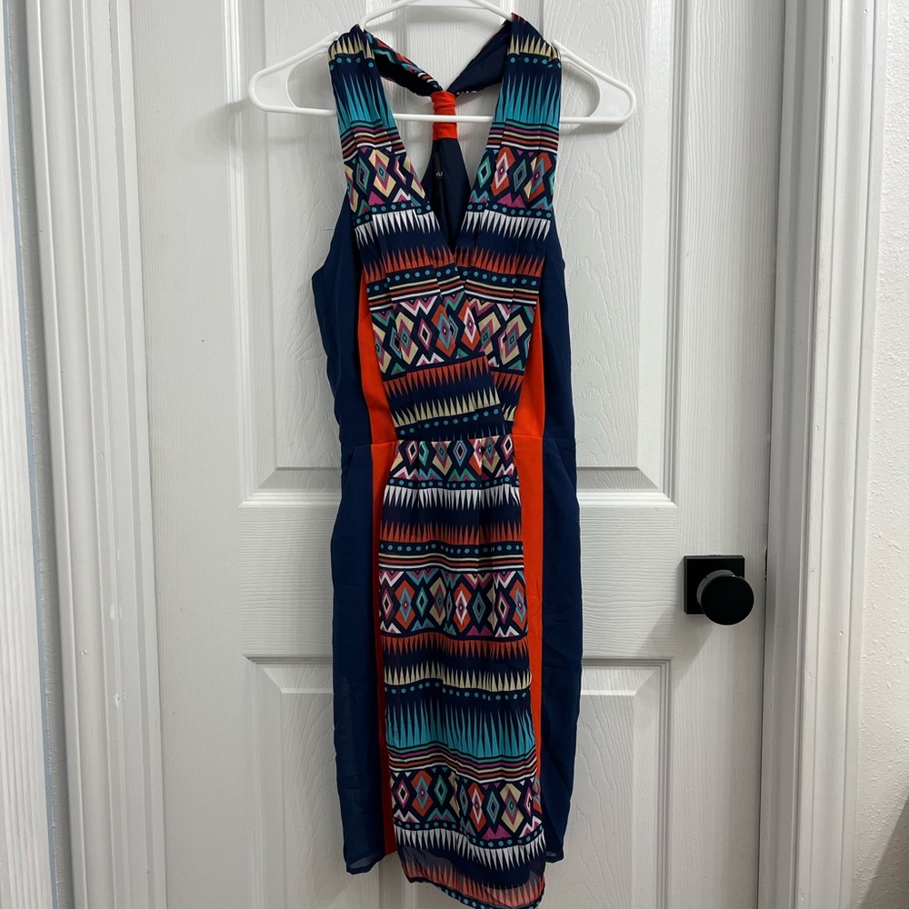 Greylin Blue and Red Sheath Mini Dress Halter Sleeveless